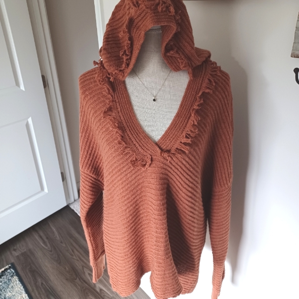 BiBi Rust Orange V-Neck Fringe Knit Sweater - Picture 4 of 9